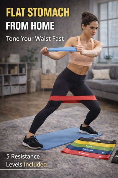 A high-contrast ad featuring a fitness model using resistance bands to demonstrate home workout utility with clear benefit-led text overlays.